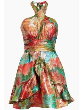 $565 NWT Ramy Brook New York Reuben Metallic Halter Minidress Size 12 Large